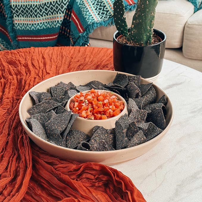 Mora Ceramic Chips and Dip Serving Tray: Large Divided Party Bowl Set for Chips & Salsa, Veggies & Dip, Fruit, Snacks, Entertaining, Hosting, etc. Minimalist Design for the Modern Hostess - Chai - Image 8