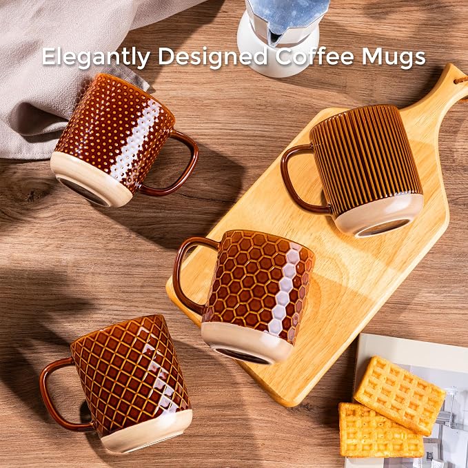 GBhome 12oz Coffee Mugs Set of 4, Handmade Stoneware Coffee Mugs Set with Large Handle for Cappuccino/Latte/Tea/Hot Cocoa, Dishwasher & Microwave Safe, Caramel - Image 8