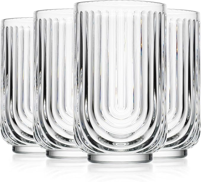 Glaver's Vintage Glassware Art Deco Glasse Ribbed Drinking Glasses U-Shape Arch Design Colored Cocktail Kitchen Tumblers Everyday Dinner Decorative Party (Clear S/4 17oz) - Image 8