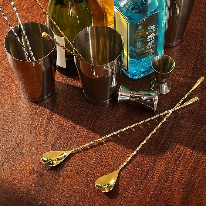 Boao 4 Pcs 12 Inch Cocktail Spoon Coffee Spoons Bar Stirring Spoon Long Handle Stainless Steel Cocktail and Coffee Mixing Tool for Homemade Barista/bartender (Golden)