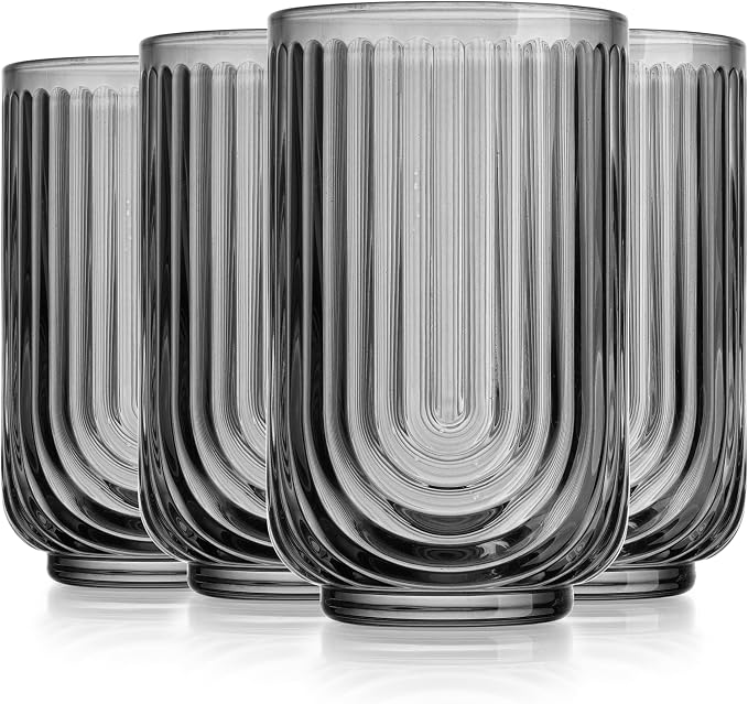 Glaver's Vintage Glassware - Art Deco Ribbed Drinking Glasses, U-Shape Arch Design Colored Cocktail Decorative Party Everyday Kitchen Tumblers, Hand Wash Only (Smoke S/4 17oz) - Image 9