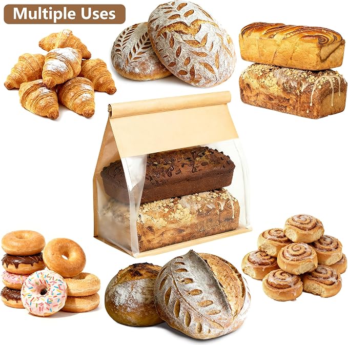 100 Pack Extra Large Paper Bread Bags for Homemade Bread Sourdough Bags, 12.2x10.6x6.1 Inches Resealable Tin Tie Tab Lock Bakery Loaf Bag with Window, Baked Goods Packaging for Gifting and Bake Sale - Image 6