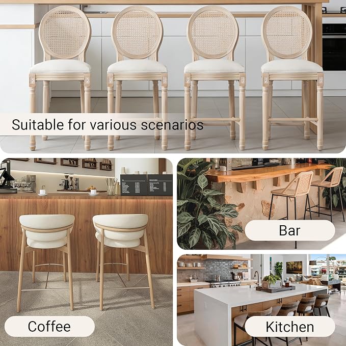 French Country Barstool, Linen Farmhouse Counter Height Chair | Set of 2, with Rattan Round Back and Solid Wood Legs, Oval Chairs for Restaurant, Bar, Kitchen, Café,Beige - Image 7