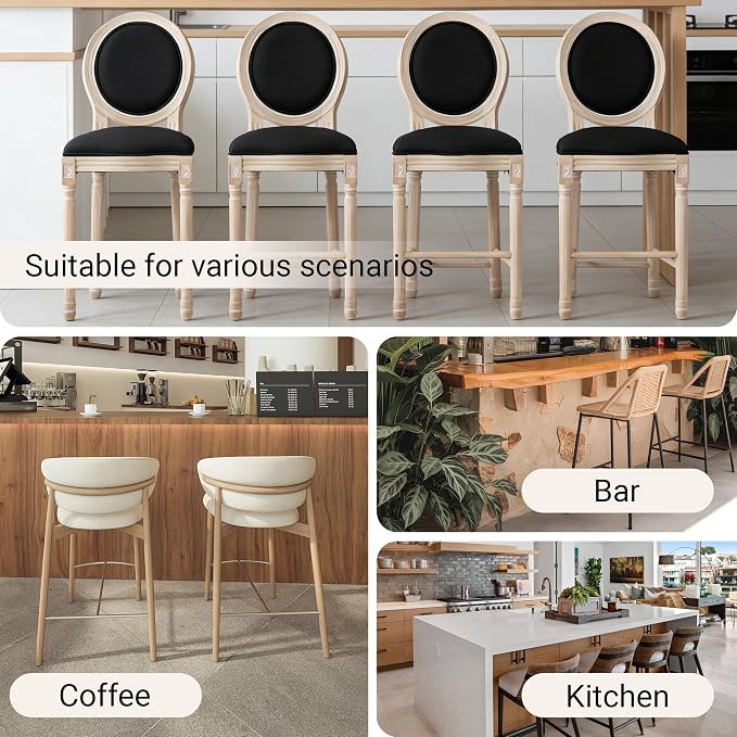 French Country Barstool, Linen Farmhouse Counter Height Chair | Set of 4, with Cushion Round Back and Solid Wood Legs, Oval Chairs for Restaurant, Bar, Kitchen, Café, Black - Image 7