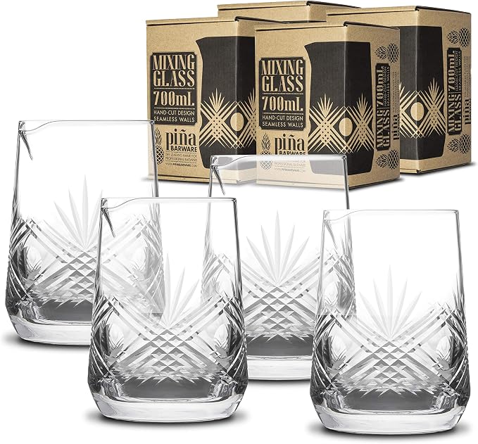 Piña Barware Seamless Hand Cut Mixing Glass - 700mL / 24oz - Professional Bartending Commercial Glassware - 4-piece Commercial Bar Pack by Pi%C3%B1aBarware