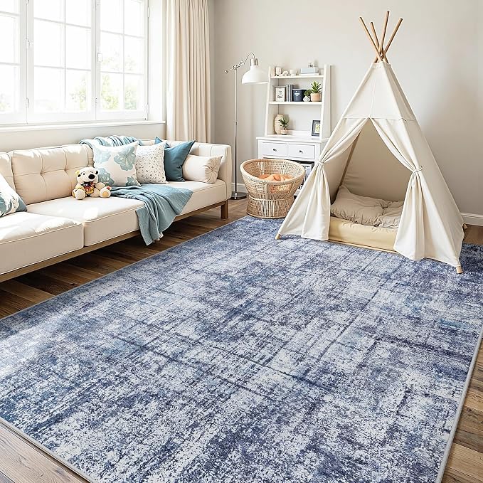 9x12 Washable Area Rug for Living Room Bedroom: Non-Slip Modern Navy Blue | Machine Washable TPR Backing, Stain-Resistant Low Pile, Pet & Kid Friendly, Abstract Decor for Dining Room, Dorm, Home Office - Image 9
