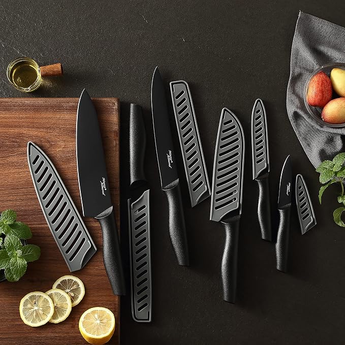 Marco Almond Kitchen Knife Set 12PC Kitchen Knives Set w Covers Black | 6 Knives with 6 Blade Guards, Stainless Steel Knives Set for Kitchen, Anti-Rust,Ergonomic Handle,Full Tang,Gift Box - Image 9
