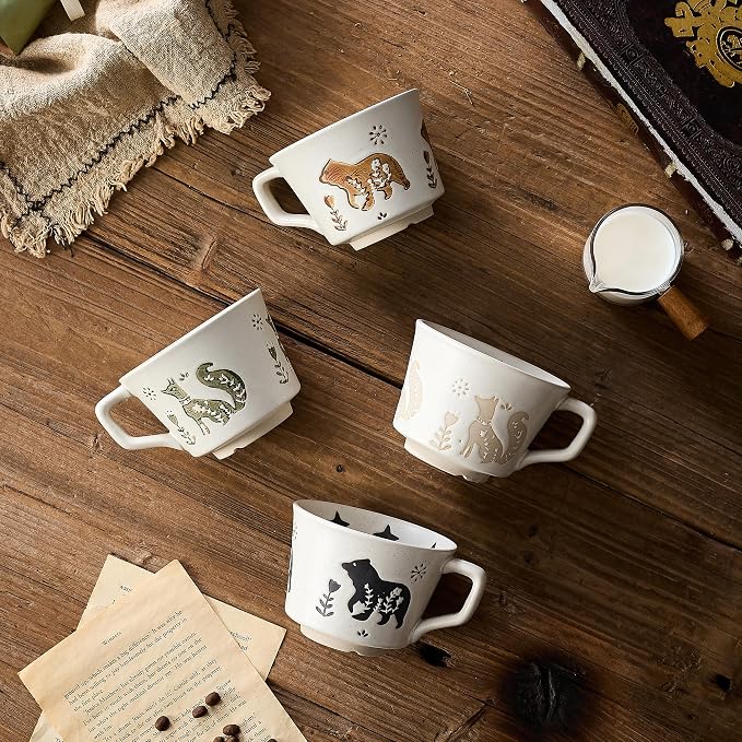 12 oz Vintage Ceramic Coffee Mug Set of 4 - Handmade Stoneware Pottery Countryside Farmhouse Fall Autumn Tea Mugs with Big Handle for Latte,Cocoa,Dishwasher & Microwave Safe Cups (Animals) - Image 9