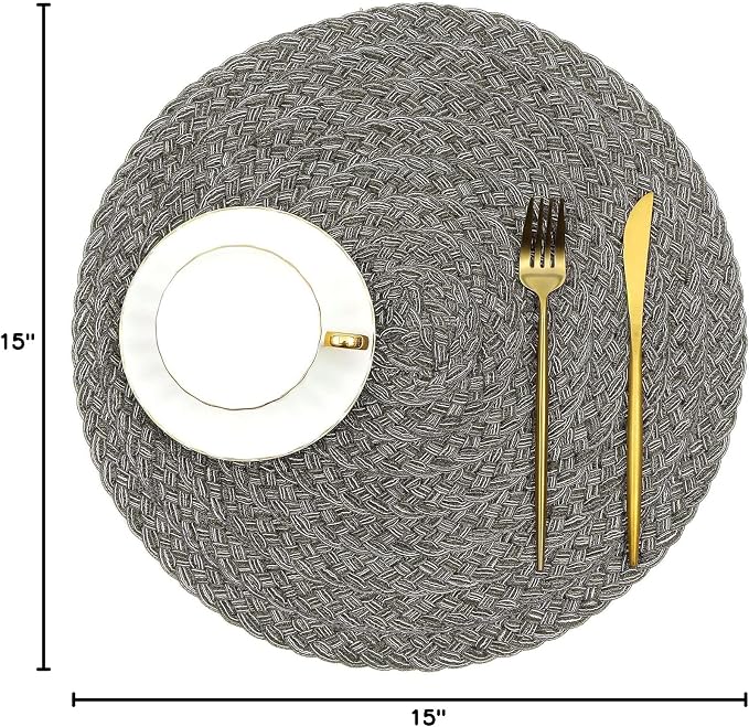 SHACOS Round Braided Placemats Set of 6 Thick Woven Placemats Washable 15 inch Circle Place Mats Non Slip Table Mats for Dining Table, Gray White - Image 10