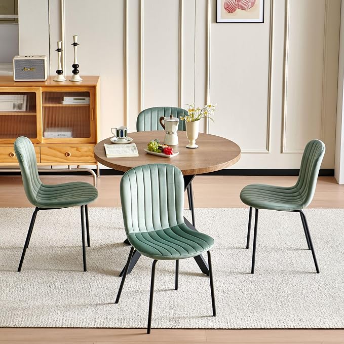 37 Inch Round Dining Table Set for 4, Modern Small Circle Kitchen Coffee Set for Apartment Living Room Office, Save Space(1 Imitation Wooden Table + 4 Green Velvet Chairs) - Image 9