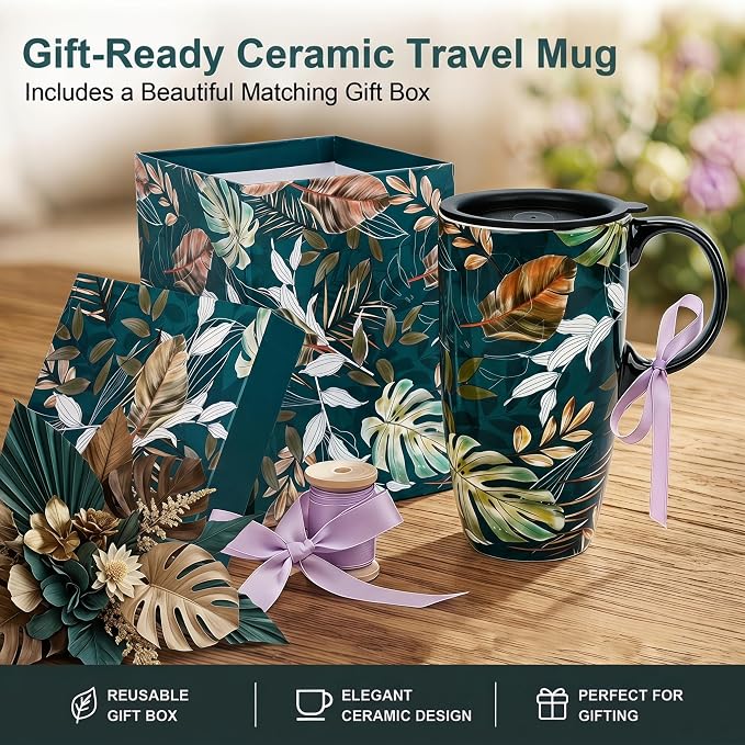 Topadorn 17oz Ceramic Travel Mug with Lid, Tropical Leaf Coffee Mug | 17oz Ceramic Travel Mug • Tropical Leaf Design • Coffee Mug with Lid • Microwave & Dishwasher Safe • Gift Box - Image 7