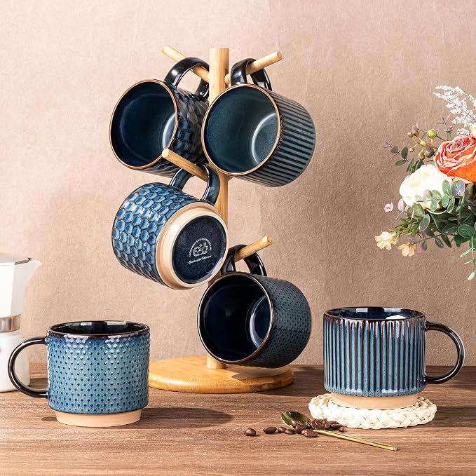 GBhome 12 OZ Stackable Coffee Mugs Set of 6, Ceramic Coffee Cups Set | 3 Assorted Designs, Embossed Mugs with Texture Patterns for Tea/Coffee, Dishwasher&Microwave Safe, Deep Sea - Image 8