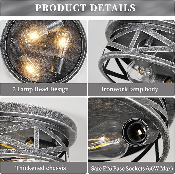 3-Light Cage Ceiling Light Fixtures, Farmhouse Close to Ceiling Lights, 13 Inch Black and Silver Metal Flush Mount Ceiling Lights for Bedroom, Living Room, Porch Kitchen Entrance - Image 7
