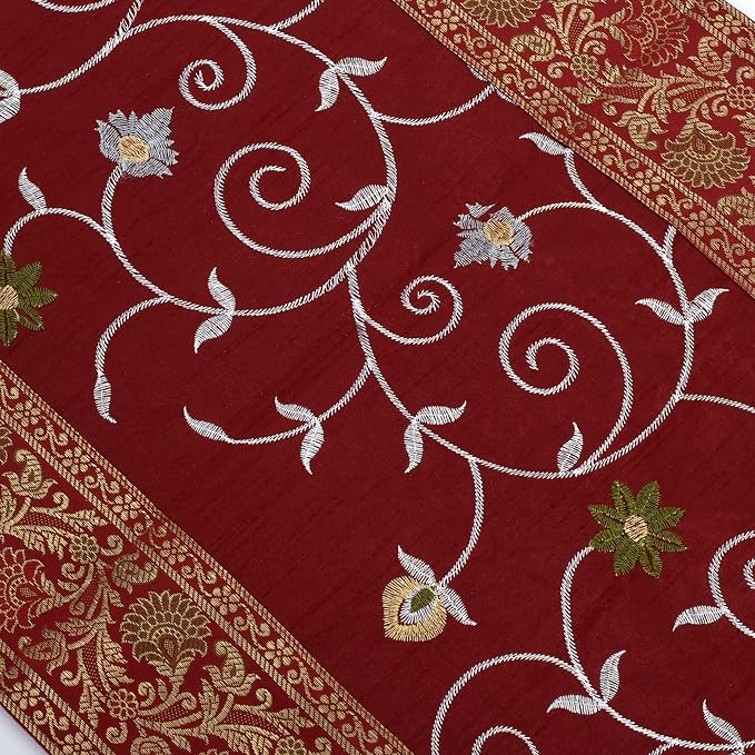 Indian Silk Table Runner Mate Cover Brocade Handmade Table Tapestry Tablecloth Maroon Color 152X42 Cm - Image 4