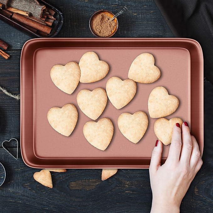 NutriChef Nonstick Cookie Sheet Baking Pan - 2pc Large & Medium Metal Oven Baking Tray, Professional Quality Kitchen Cooking Non-Stick Bake Trays w/ Rimmed Borders, Rose Gold - Image 9