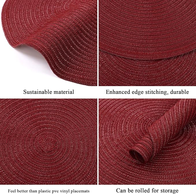 SHACOS Round Placemats Set of 12 for Dining Table 15 inch Round Braided Place Mats Cotton Polyester Washable Non Slip Kitchen Table Mats, Burgundy - Image 9
