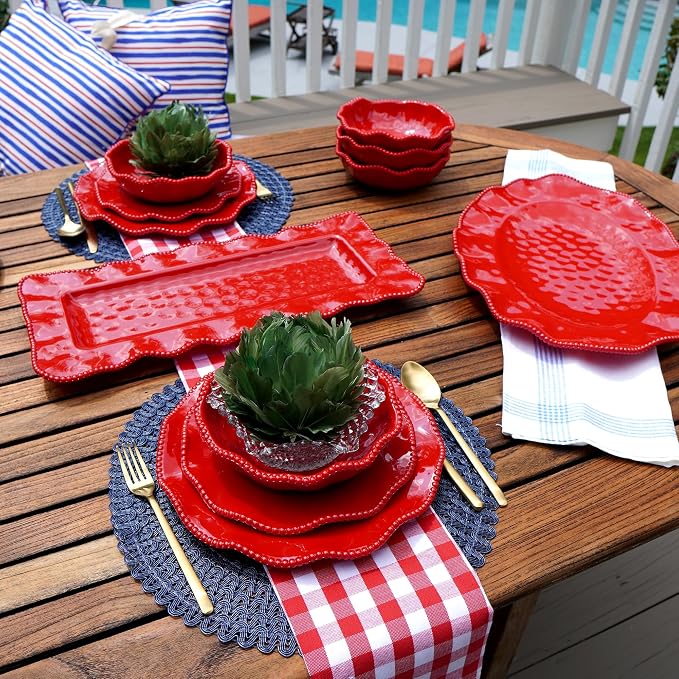 Perlette Red Melamine Dinnerware Set – 12-Piece Scalloped Plates & Bowls, Vibrant Glossy Finish, Elegant Beaded Rim, Durable & Lightweight – Service for 4, Indoor/Outdoor Use - Image 9