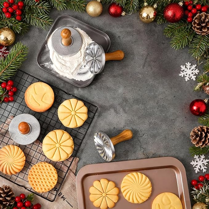 OPPEIN Cookie Stamps, Metal Christmas Cookies Press Cutter Mold with Wooden Handle, Cookie Decorating Supplies for DIY Baking, Cake, Pastry, Christmas (Silver-3*)