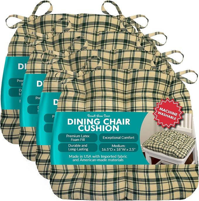 Barnett Home Decor Chair Cushions for Dining Chairs - 16.5 x 18 Kitchen Chair Cushions - Machine Washable, 100% Cotton, Made in USA - Latex Foam Comfort Chair Pads - Montgomery Green Medium Pack of 4 by BarnettHomeDecor