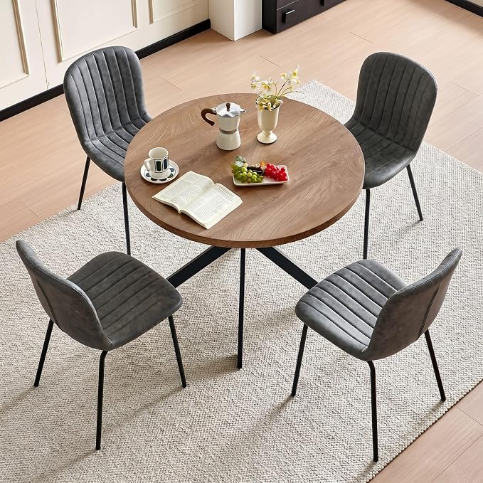 37 Inch Round Dining Table Set for 4, Modern Small Circle Kitchen Coffee Set for Apartment Living Room Office, Save Space(1 Imitation Wood Table + 4 Grey PU Leather Chairs) - Image 9