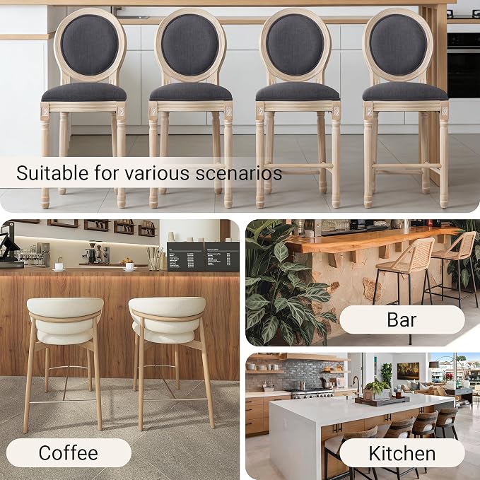 French Country Barstool, Linen Farmhouse Counter Height Chair | Set of 2, with Cushion Round Back and Solid Wood Legs, Oval Chairs for Restaurant, Bar, Kitchen, Café,Dark Grey - Image 7