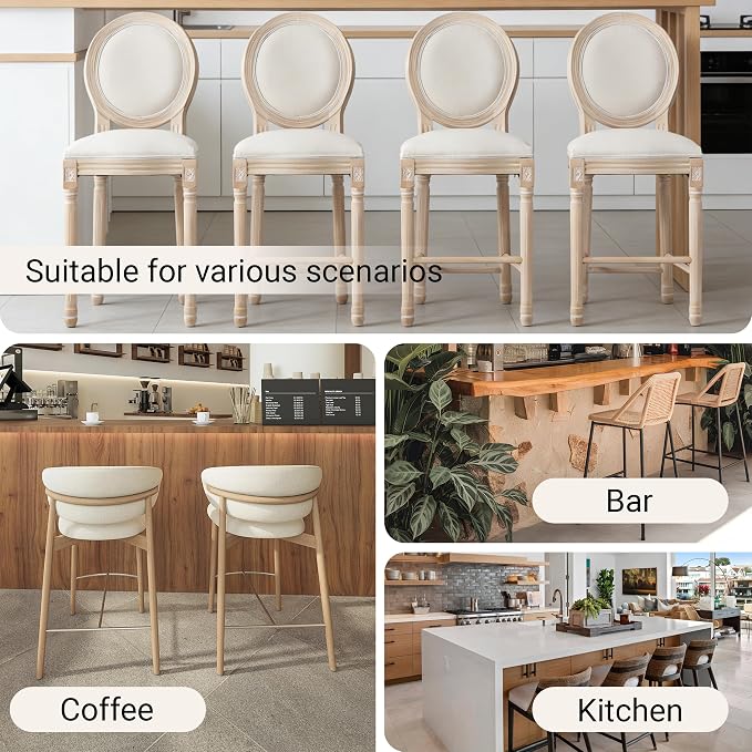 French Country Barstool, Linen Farmhouse Counter Height Chair | Set of 2, with Cushion Round Back and Solid Wood Legs, Oval Chairs for Restaurant, Bar, Kitchen, Café, Beige - Image 7
