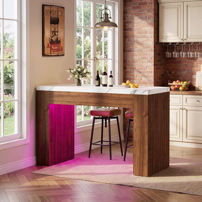LED Bar Table with Smart RGB Lights,55" Faux Marble Counter Height Pub Dining Table,High Top Kitchen Island Table with Music Sync & Timer for Parties, Gatherings & Daily Use,Wood Base - Image 8