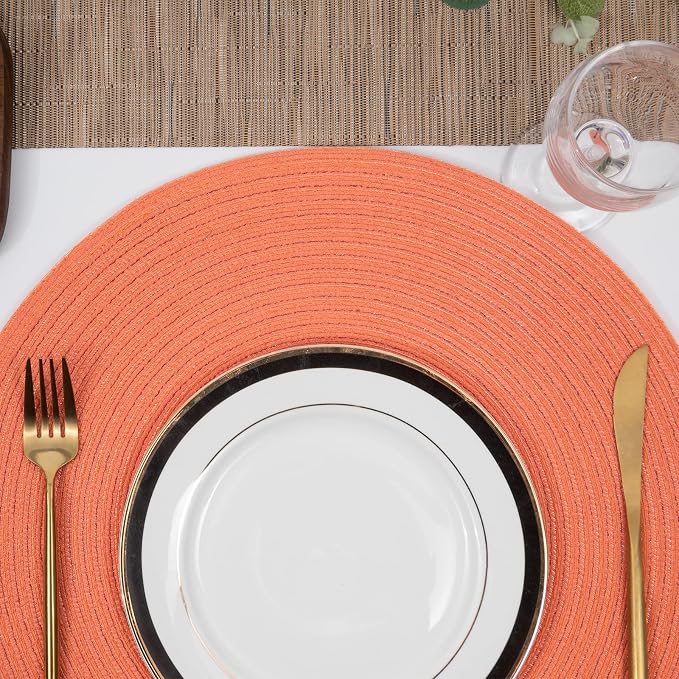 SHACOS Round Braided Placemats Set of 6 Washable Cotton Polyester Round Placemats for Kitchen Table 15 inch Round Table Mats (Coral, 6) - Image 9