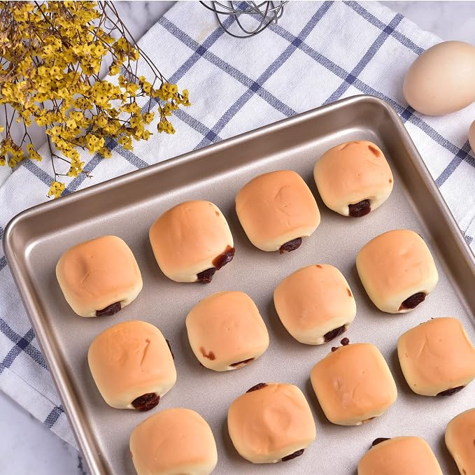 13-Inch Baking Sheet Pan, Non-Stick Carbon Steel Meat Bread Jelly Roll Pizzas Pastries Rimmed Cookie Sheet Pan for Oven Roasting 13" ร 9" ร 0.8" (Champagne Gold) - Image 7