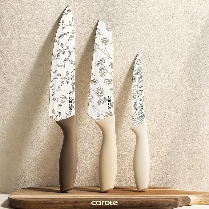CAROTE 12PCS Knife Set, Kitchen Knife Set with 6 Blade Guards, Stainless Steel Knives Set With Nonstick Ceramic Coating, Rustproof, Delicate Floral Designs, White (Pack of 2) - Image 8