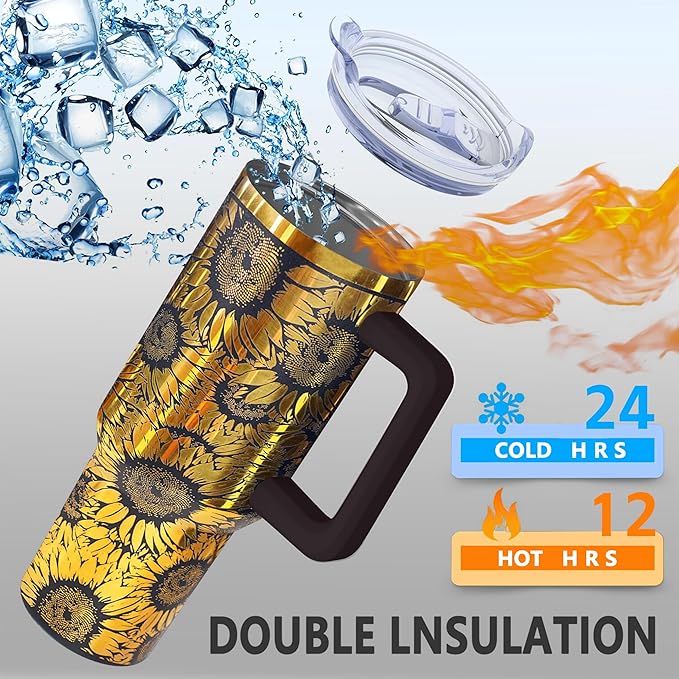 40 oz Sunflower Laser Engraving Tumbler With Handle With Lid Straw Double Insulated Travel Coffee Cup Travel Accessories Must Have Gifts For Women