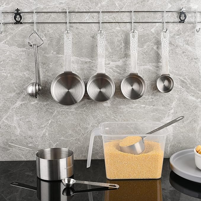 18/8 Stainless Steel Measuring Cups and Spoons Set 14 for Baking & Kitchen, Metric & US Metal 6 Measuring Cups and 7 Measuring Spoons with 1 Leveler