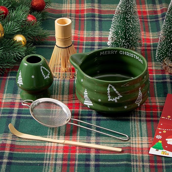5pcs Premium Matcha Set,Ceramic Bowl with Spout and Bamboo Whisk set, Ceremonical Matcha Kit for holiday,Tea Starter Making Kit,Christmas Matcha Gift set (Christmas Tree)