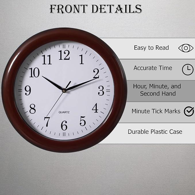 Set of 2 13.75 Inch Plastic Brown Round Silent, Non-Ticking Battery Operated Simple Modern Analog Wall Clock. Perfect for Office, Classroom, Living Room, Dining Room, Bed Room and Kitchen Wall Decor. - Image 9