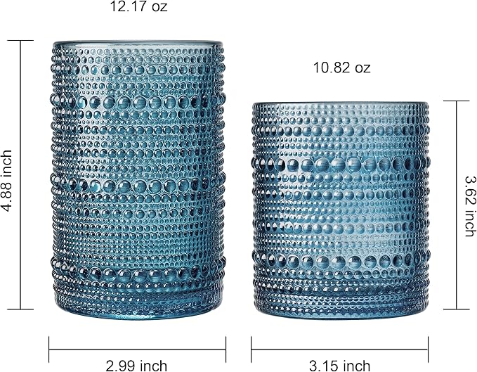 Beaded Hobnail Drinking Glasses Set | Set of 12 | 6x Tumbler 11 OZ + 6x Highball 12 OZ Bubble Design Whiskey Glassware, Old-Fashioned, Embossed Design Glass for Water, Wine, Cocktail HAND WASH ONLY - Image 4