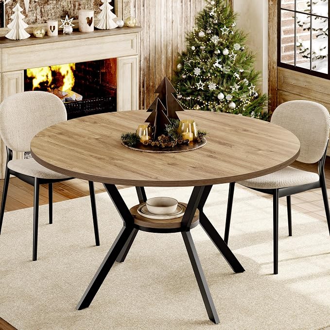 MECHYIN 42 Inch Round Dining Table for 2–4, Farmhouse Round Kitchen Table with Storage Shelf, Pedestal Dining Table, Wood Top & Metal Base, Small Space Table for Apartment, Dining Room - Image 9