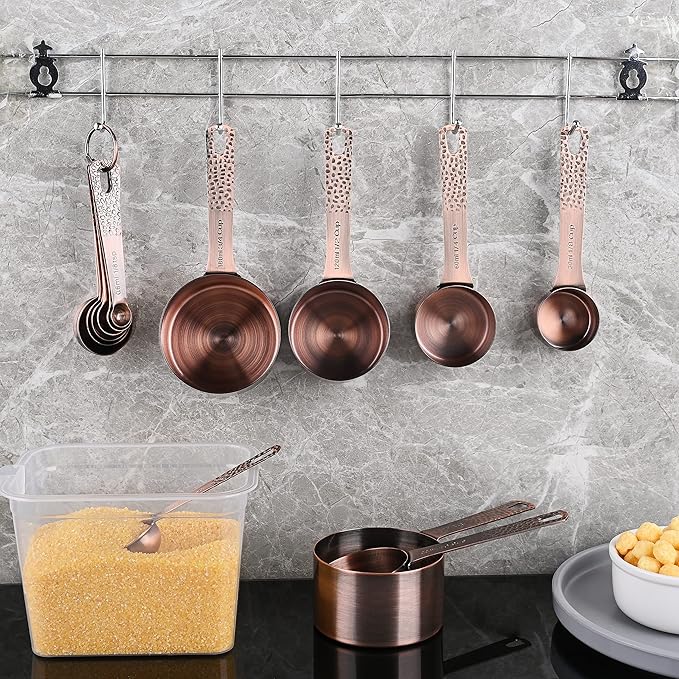 Copper Measuring Cups and Spoons Set 14, Stainless Steel Measuring Cups and Spoons set, Metal 6 Measure Cup and 7 Measure Spoon with 1 Leveler for Kitchen & Baking