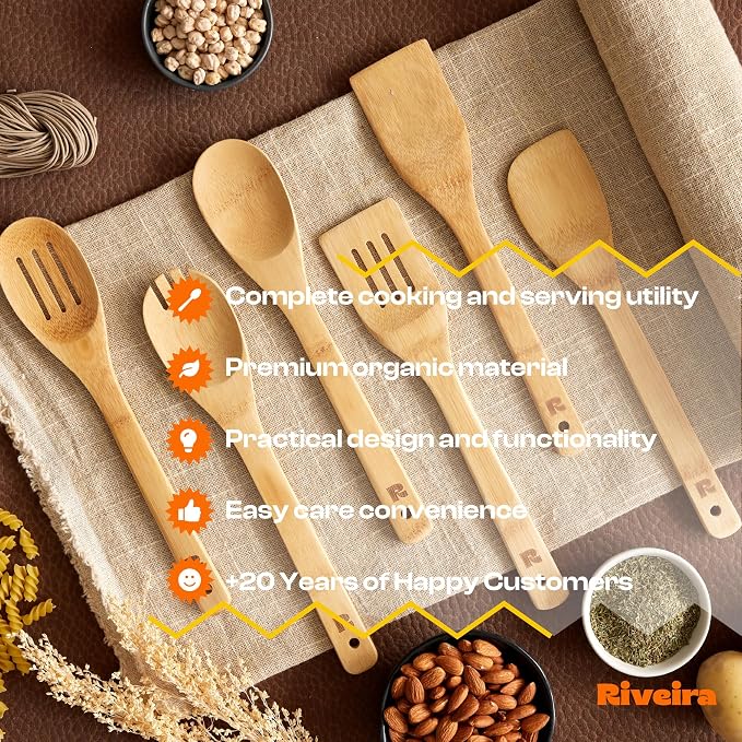 Riveira Bamboo Cooking Spoons 6-Piece – Wooden Cooking Utensils Set with Wooden Spoons for Cooking & Spatulas Wooden Utensil Sets – Premium Kitchen Utensils Set – Durable First Apartment Essentials - Image 6