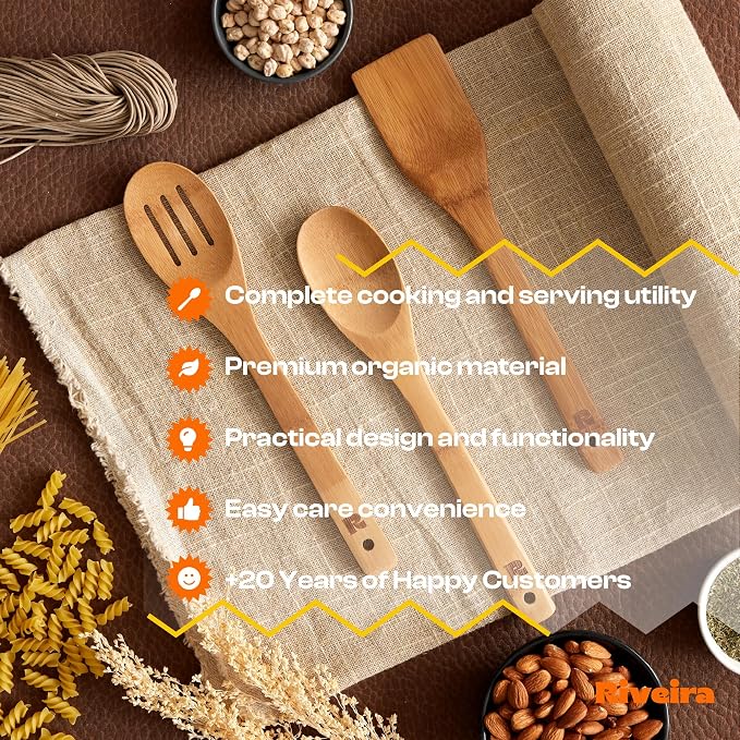 Riveira Dark Bamboo Wooden Spoons for Cooking 3-Piece, Apartment Essentials Wood Spatula Spoon Nonstick Kitchen Utensil Set Premium Quality Housewarming Gifts for Everyday Use - Image 6
