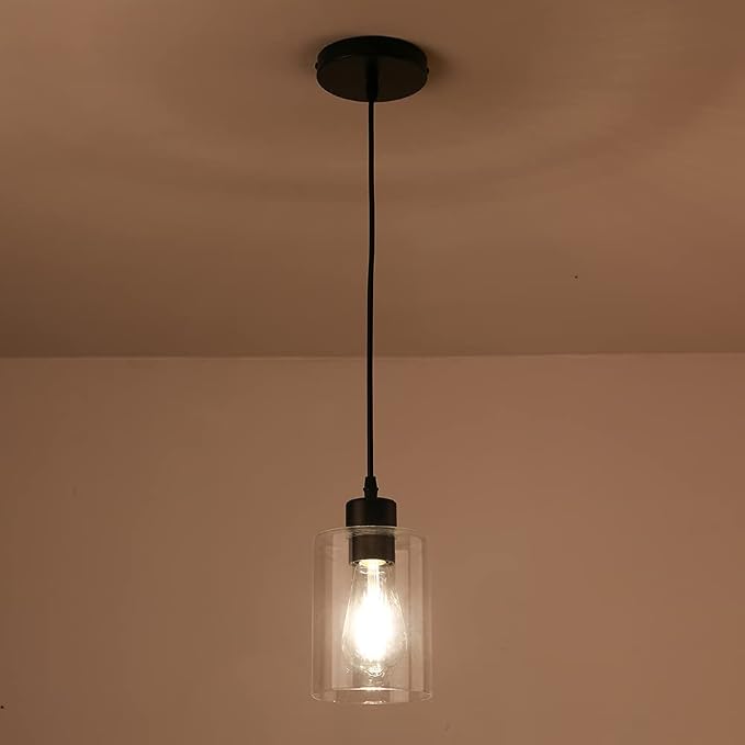 Modern Black Farmhouse Clear Glass Cylinder Pendant Light Fixture,Island Lights for Kitchen,Mini Pendant Lighting for Kitchen Island Decor - 4.75 Inch Shade 58 Inch Cord (Black 2 Pack) - Image 4