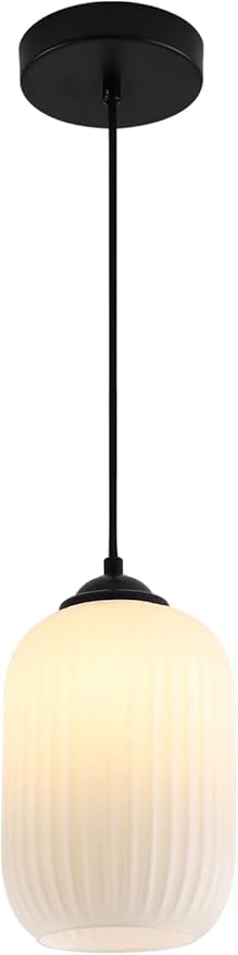 KCO Farmhouse Black Small 5.5” Ribbed Cylinder White Glass Pendant Light | Adjustable Cord E26 Hardwired Hanging Lamp Mid Century Modern Vintage Hanging Light for Kitchen Island Bedroom Dining Room by KCOLighting