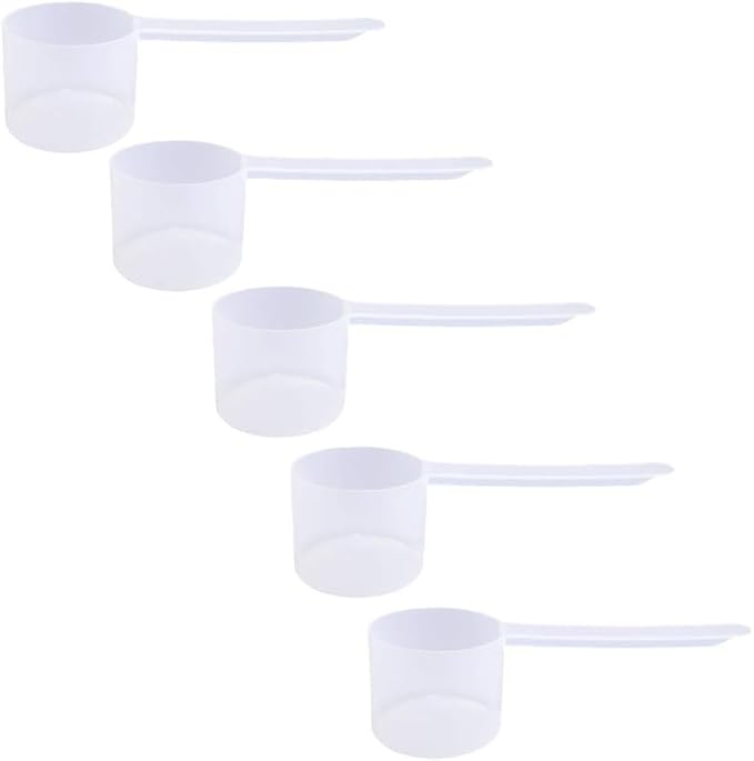 Plastic Measuring Scoop, (55 cc | 55 mL) Long Handle Spoons for Powders, Granules, Coffee, Pet Food, Baking Supplies, Protein and Other Dry Goods, BPA Free (Set of 5)