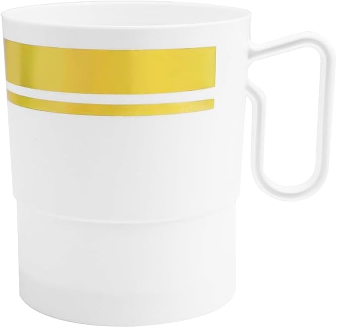 Party Essentials 8-Ounce Hard Plastic Coffee Cup/Tea Mug with Handle, 20-Count, White W/Gold Rim (Pack of 6) by PartyEssentials