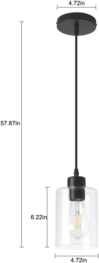 Modern Black Farmhouse Clear Glass Cylinder Pendant Light Fixture,Island Lights for Kitchen,Mini Pendant Lighting for Kitchen Island Decor - 4.75 Inch Shade, 2-58 Inch Cord(1 Pack) - Image 6