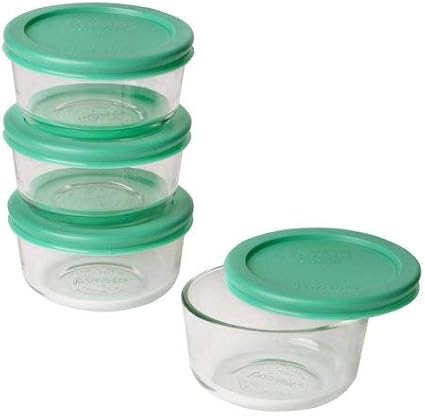 Pyrex 7202 (1-Cup) Glass Bowls with Green Lids (4-Pack) - Made in USA | BPA-Free Plastic | Snug Fit | Top-Rack Dishwasher Safe | Refrigerator & Freezer Safe by Pyrex