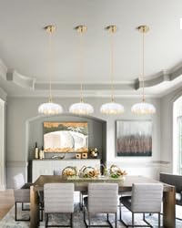 Mid Century Modern Pendant Light Nordic White Chandelier with Hand Blown Flower Glass Shade Brass Adjustable Height Dining Table Pendant Lamp with Switch for Kitchen Island Dining Room Hotel - Image 6