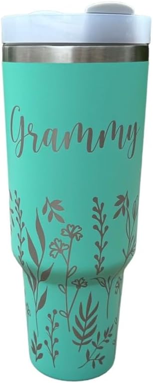 Tumbler, 40oz Tumbler, Western Tumbler, Engraved Cup with Handle, Cute Coffee Mug, 40oz Coffee Mug (Mint-Wildflower(B))