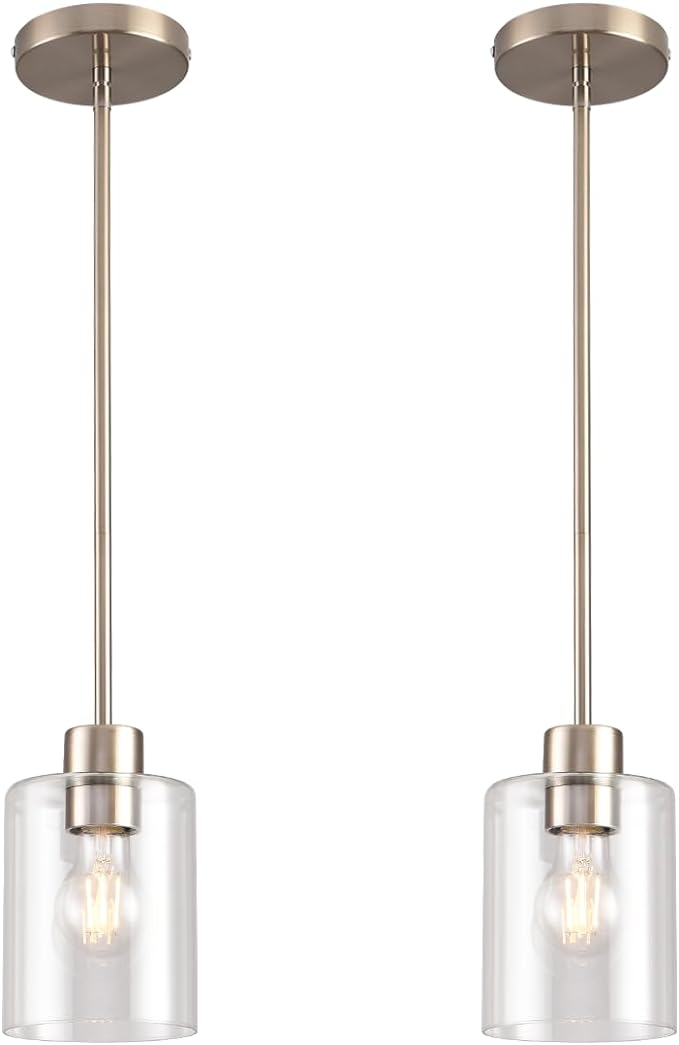 Brushed Nickel Pendant Lights,Modern Farmhouse Pendant Light,Light Fixture Kitchen Pendant Mini Hanging Light for Sink Island,Adjustable Height,Home Décor Lighting (Brushed Nickel 2 pack Stem Rod) by KLSSLighting