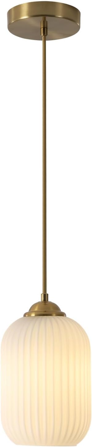 KCO Lighting Brass Gold Mini 5.5” Ribbed Cylinder White Glass Pendant Light | Adjustable Cord E26 Hardwired Hanging Lamp Mid Century Modern Vintage Hanging Light for Kitchen Island Bedroom Dining Room by KCOLighting