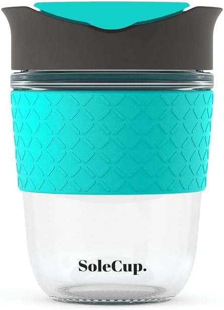 Reusable Strengthened Glass Travel Cup - Spill Proof Insulated Coffee Mug - 12oz/340ml BPA-Free Hot Drink Travel Mug with Lid & Silicone Band (Gray and Blue, 12oz)